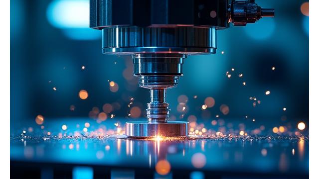最新のCNCマシニングセンターで精密部品を加工する写真。青いライトと高速で動く機械