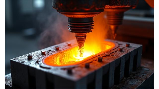 金型に金属が注入され、ルアーが形成される様子