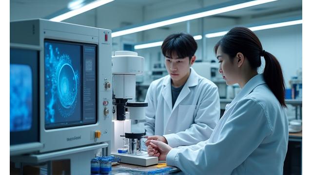 研究所で科学者が実験器具を使い、新しい材料を研究している様子