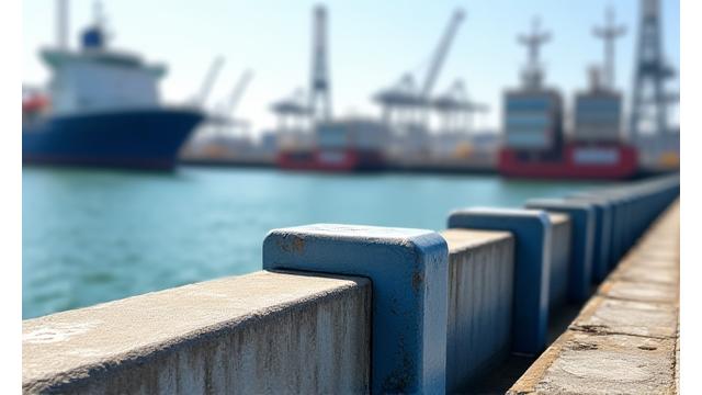 港湾施設の係船柱、フェンダー、浮桟橋金具が、長年の使用にも関わらず錆びずに堅牢さを保っている様子。