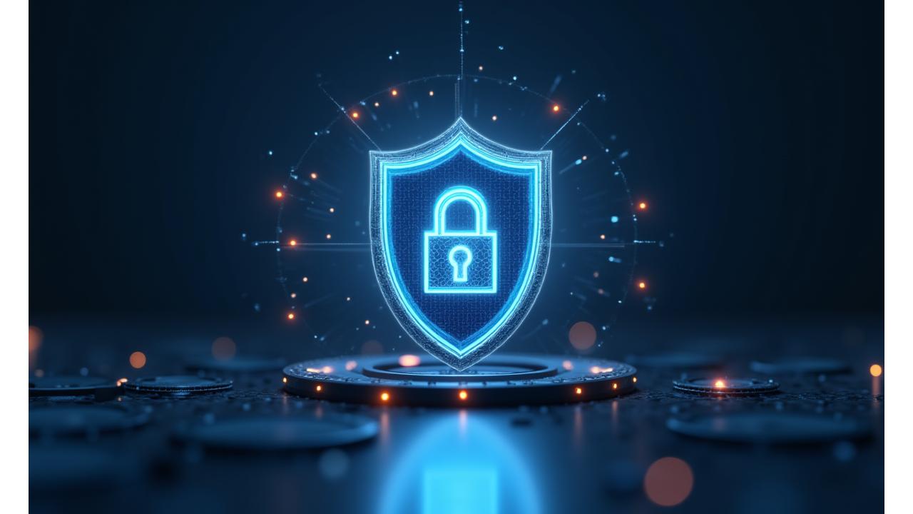 データの安全性を象徴するデジタルシールドと鍵のイメージ。背景には精密な歯車や金属部品がぼかして配置され、鉄魚界の技術力を示唆。